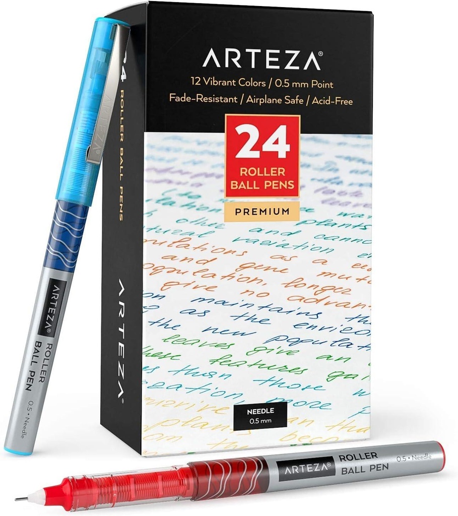 Arteza Roller Ball Pens 0.5 Mm Needle Point Set  Assorted Ink Colors - 24 Pack