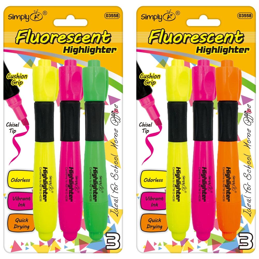 Desk Style Fluorescent Highlighter w/ Cushion Grip (3/Pack)