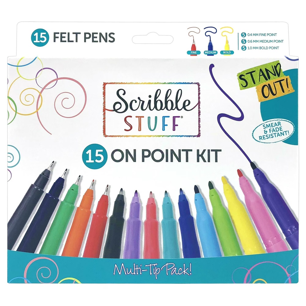 Scribble Stuff 15ct on Points Felt Pens Kit  Assorted Tips  Felt Pens  3 Different Pen Sizes in One Kit  5 Fine  5 Medium and 5 Bold Pens