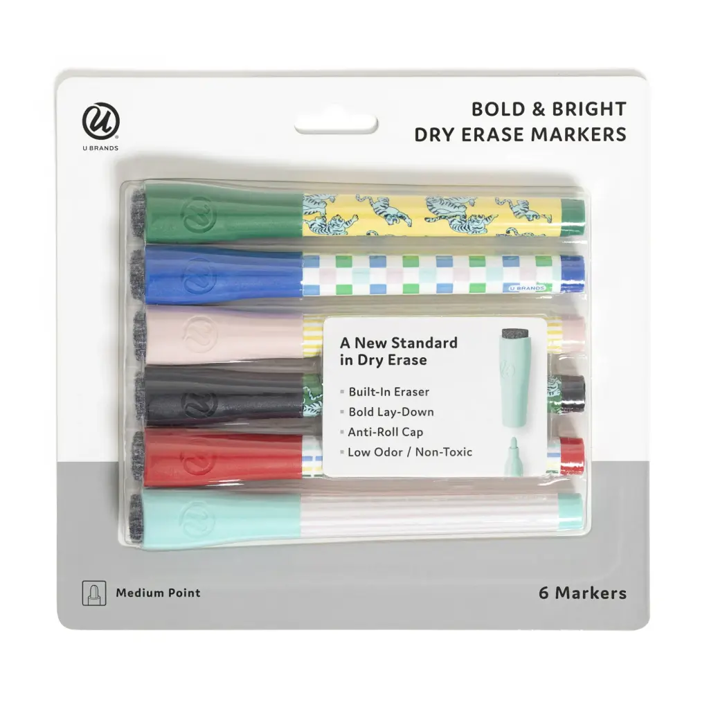 U Brands Dry Erase Markers, 6 Count, Assorted Colors, Low-Odor, Medium (2 mm) Tip