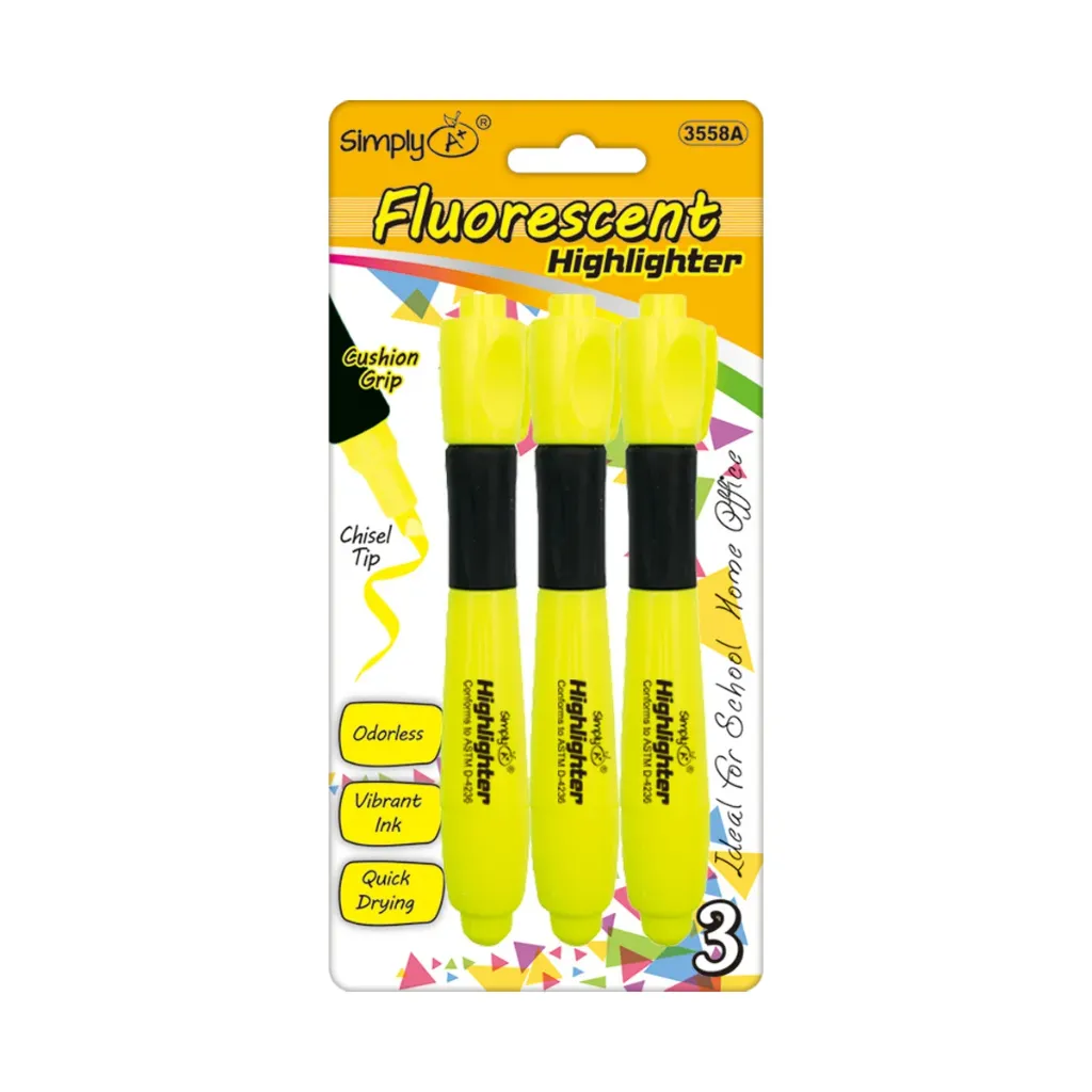 Highlighter Fluorescent Yellow w/ Cushion Grip (3/Pack)