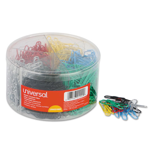 Plastic-Coated Paper Clips Tub, #3, Assorted Colors, 1,000/Pack