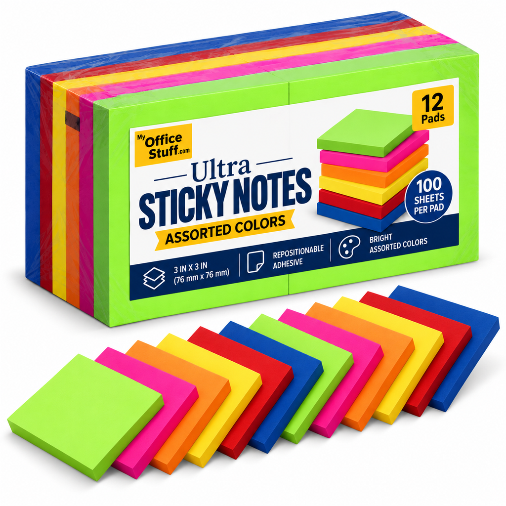 [807900] Office Stuff Ultra Sticky Note Pads, 3" x 3", Assorted, 100 Sheets/Pad Pack of 12