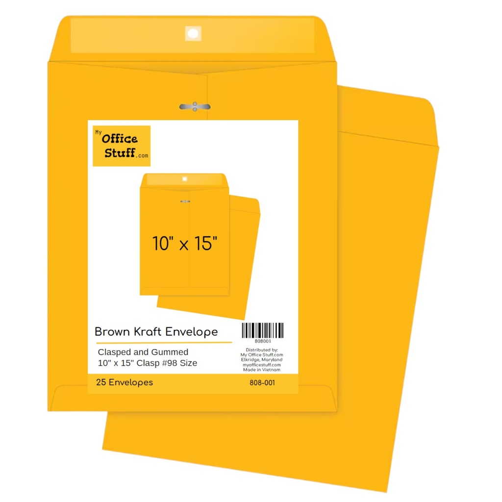 [808001] Kraft Clasp Envelope, #98, Square Flap, Clasp/Gummed Closure, 10 X 15, Brown Kraft, Pack of 25